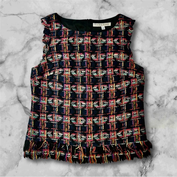 Trina Turk tweed Aztec print fringe hem top sz S, 010 - Picture 1 of 5